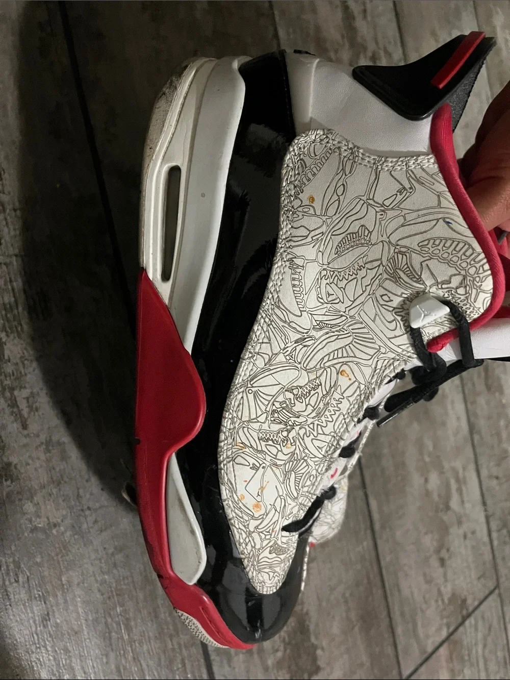 Jordan White Black Red Graphic-Pattern Basketball Sneakers